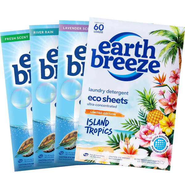 Earth Breeze laundry detergent sheet packs arranged as a compact 4-pack offer
