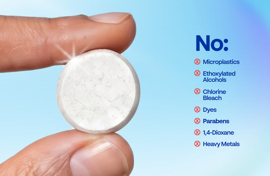 Earth Breeze tablet held in hand, no chlorine bleach, no dyes, no parabens