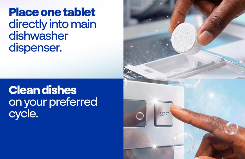 Hand placing one tablet directly into the main dishwasher dispenser