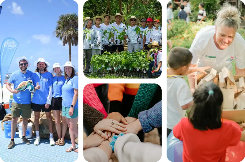 Earth Breeze giveback — donations to shelters, beach cleanups, and community programs