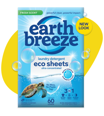 Earth Breeze eco-friendly laundry detergent sheets package with a sea turtle and bubbles.